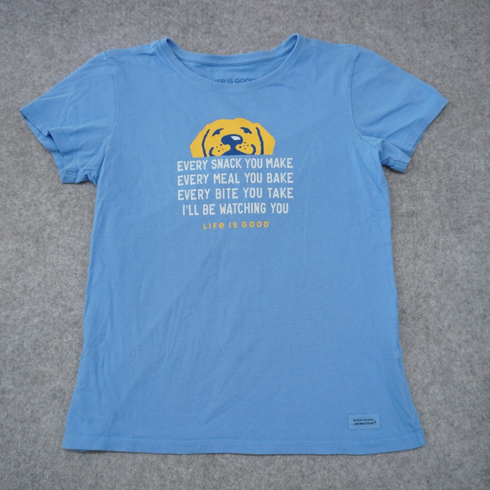 Life is Good Size S Crusher Tee Womens Blue Funny Dog Snack Graphic T-Shirt
